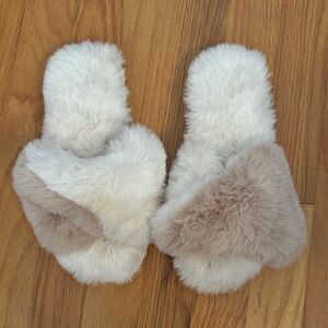 Cozy Faux Fur Slide Slippers in Cream and Taupe